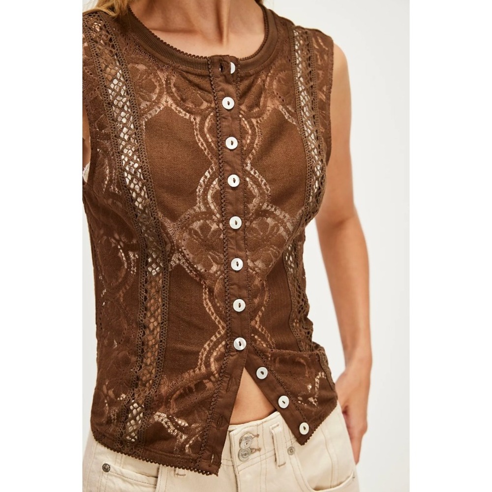 Free People Jae Knit Top Brown Cutwork Lace Detail Button Closure Size S